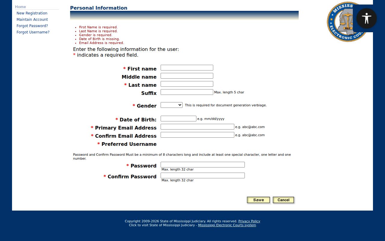 Tishomingo County court case search PAMEC registration fields