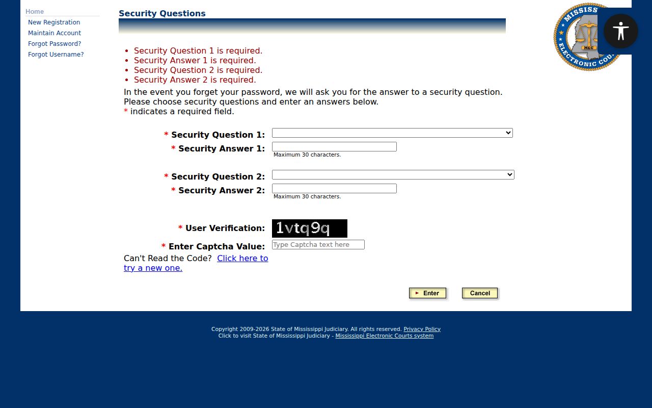 Tishomingo County case lookup PAMEC security questions