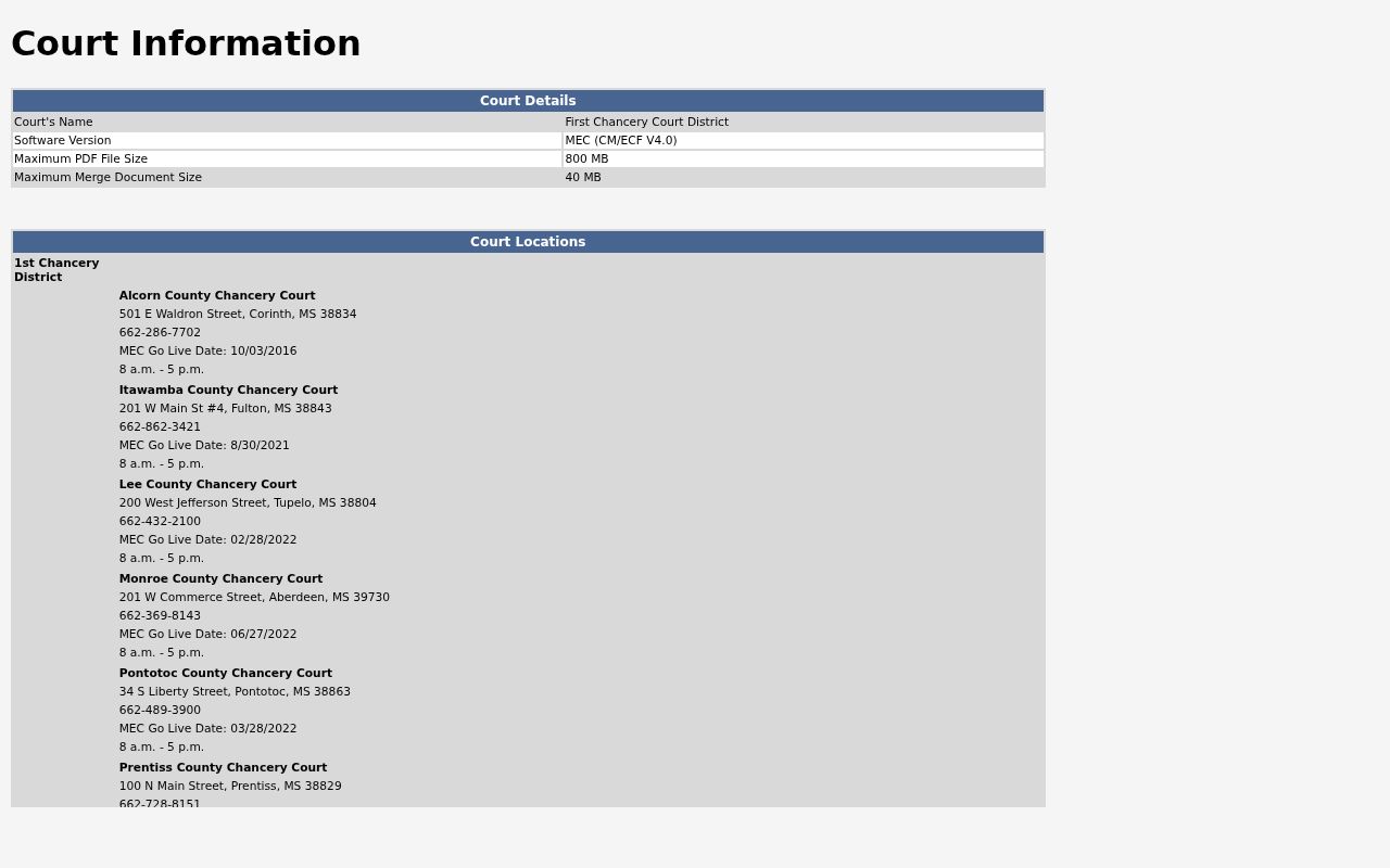 Tishomingo County civil docket First Chancery MEC CourtInfo screen