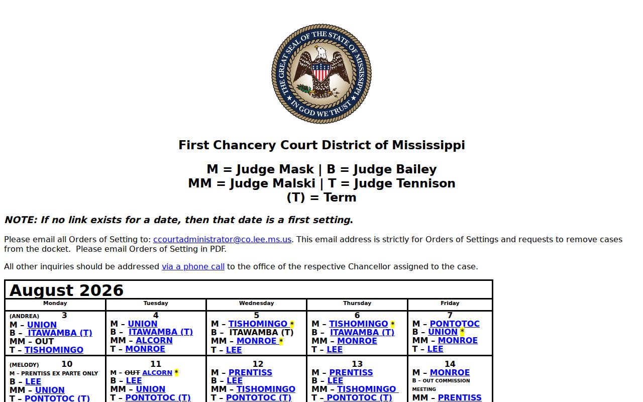 Tishomingo County court dates First Chancery calendar
