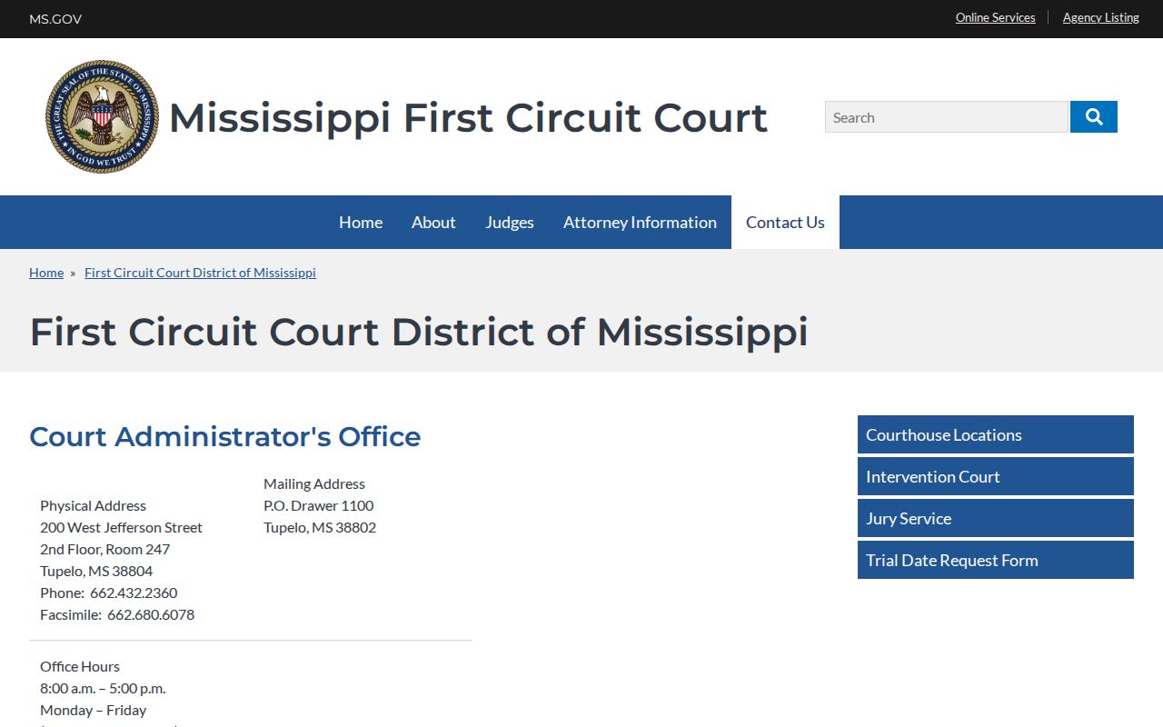 Tishomingo County court dates First Circuit Court Administrator information