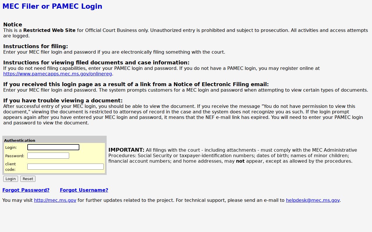 Tishomingo County criminal docket First Circuit MEC login-gated query screen